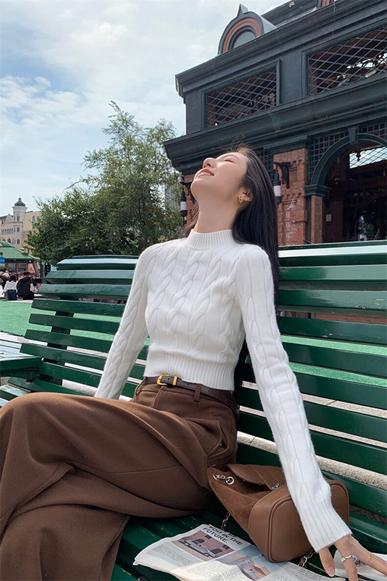 女士秋冬保暖羊毛衫羊毛短款纯色圆领长袖,女装羊毛衫,泰沅羊绒