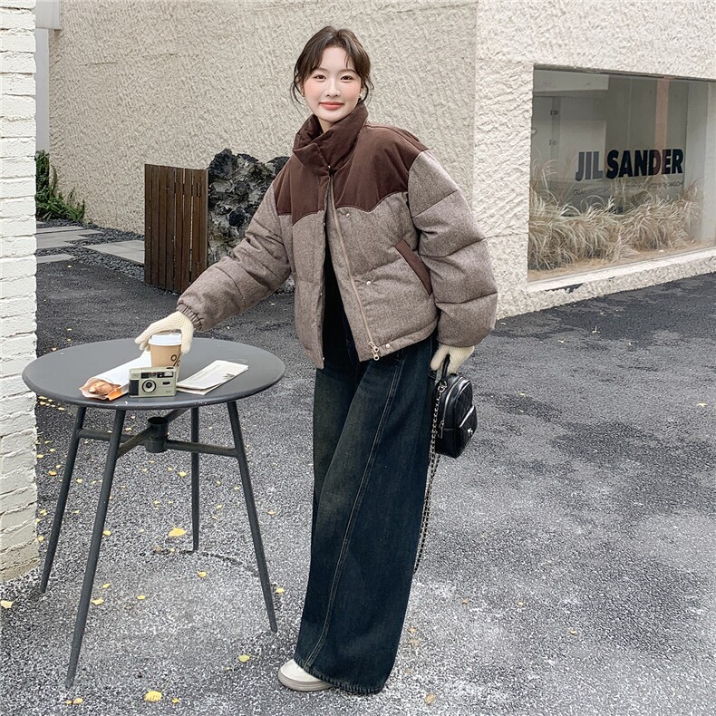欧货高端拼接撞色羽绒服女冬季2025新款加厚保暖立领白鸭绒短外套,女装羽绒服,琦鑫阁（原依鑫阁）