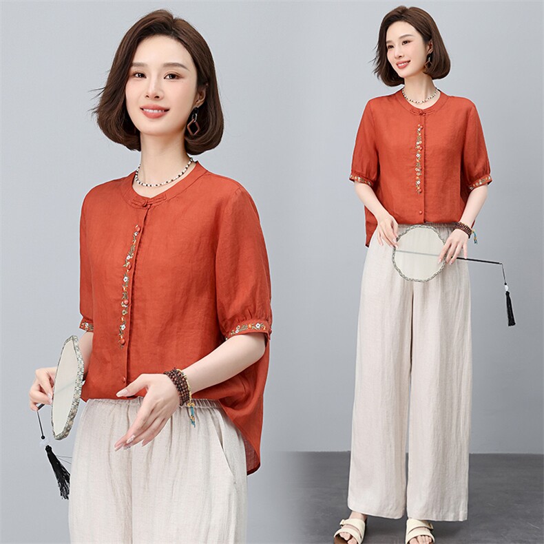 棉麻休闲女夏装2025夏季新款妈妈洋气时尚宽松衬衫苎麻，女装衬衫，涵誉