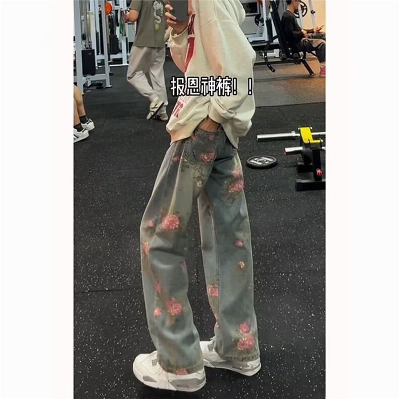 满印玫瑰花朵牛仔裤男美式复古慵懒风微喇裤1001-1-AK126-P48图片