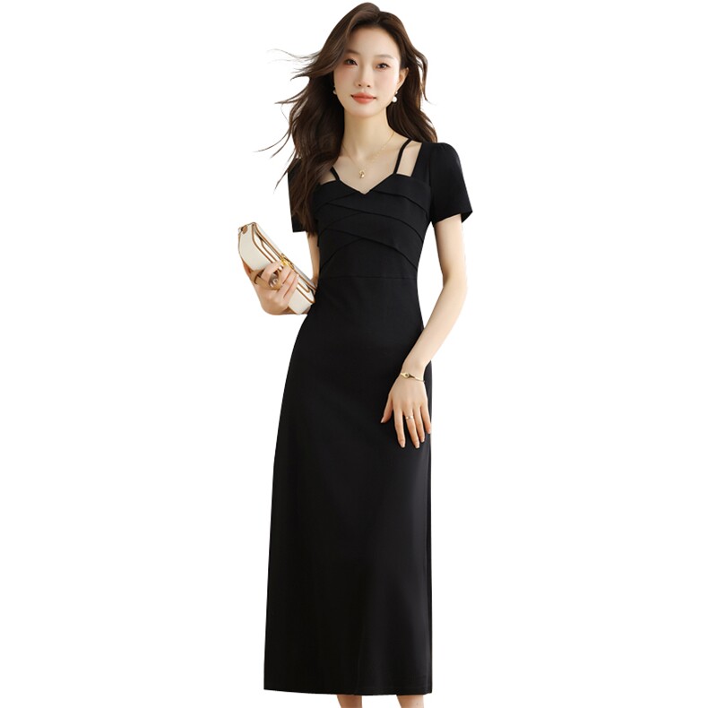 法式短袖连衣裙女春夏季2025年新款设计感修身遮肉显瘦A字长裙子,女装连衣裙,艾米