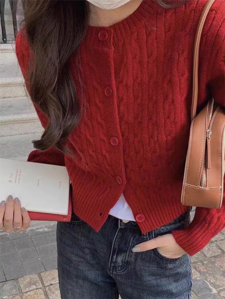 安哥拉红~秋冬衫女圆领麻花开衫显瘦短款毛衣外套针织羊毛衫，女装羊毛衫，恒恩羊绒