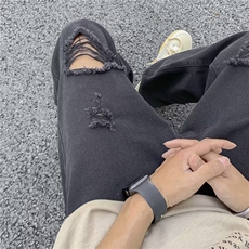 破洞牛仔裤男202夏季薄款百搭九分裤美式高街直筒裤男士，男装牛仔裤，星座506A