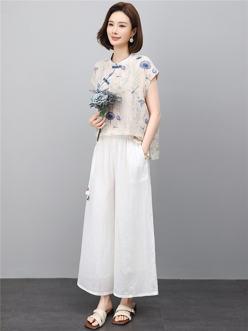 时尚夏季薄款2026新款苎麻大方得体低圆领刺绣优雅范上衣,女装套装/套裙,江忆布依