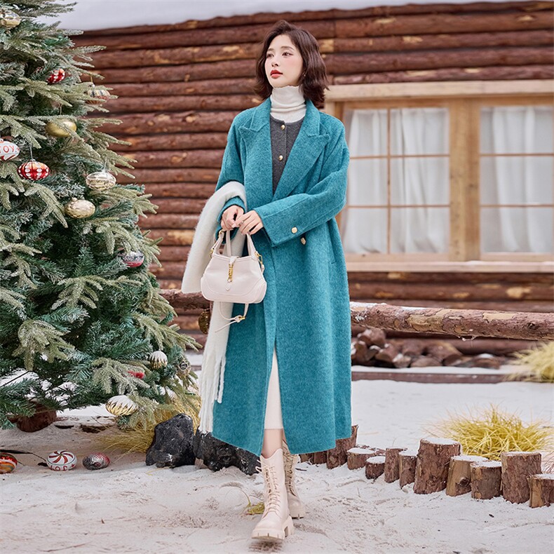 蓝色双面羊毛大衣女中长款2025秋冬季新款高级感气质西装毛呢外套，女装双面呢大衣，丝露怡语