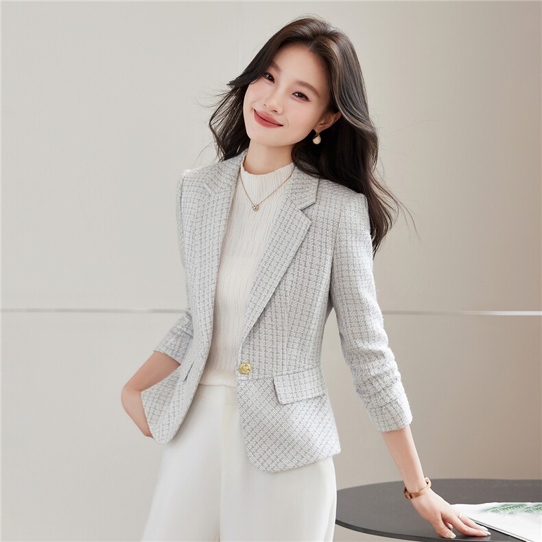 《档口现货》2026秋上新气质华夫格子通勤收腰西装小外套女图片