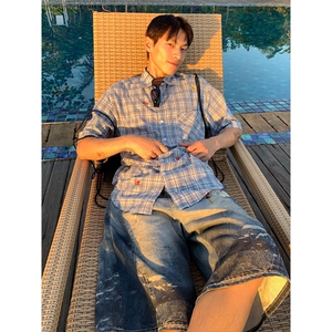 美式潮牌格子衬衫男夏季水果贴纸短袖衬衣设计感小众情侣宽松上衣图片
