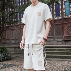 男士刺绣风休闲运动套装男T恤短裤两件套潮A266-TZ7707-P45，男装T恤，电商A266