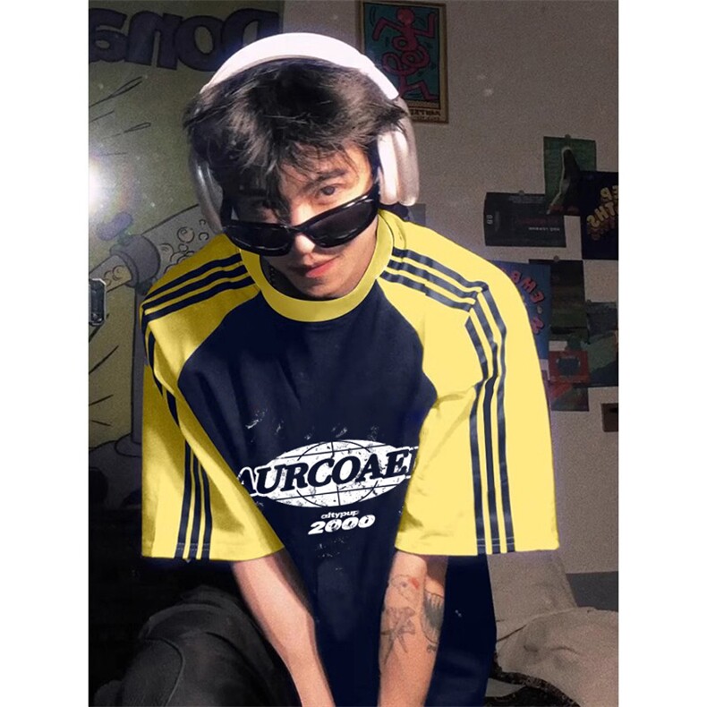 夏季美式高街重磅纯棉三条杠织带插肩撞色男女短袖T恤CZ87-特P25,男装T恤,电商A486