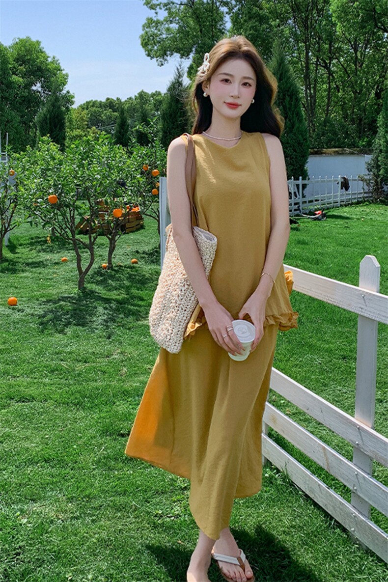 黄色度假浪漫风套装裙女2025夏季甜美气质木耳边背心半身裙两件套,女装套装/套裙,浙宝220
