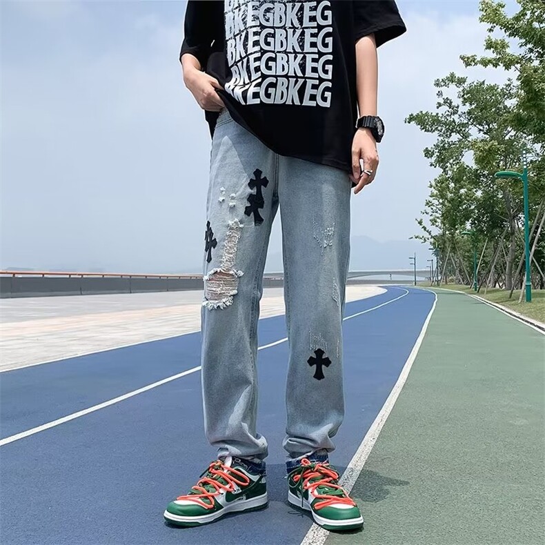牛仔裤男夏季潮大码休闲裤子高街十字架破洞裤子N8102P42,男装牛仔裤,星座1116-2