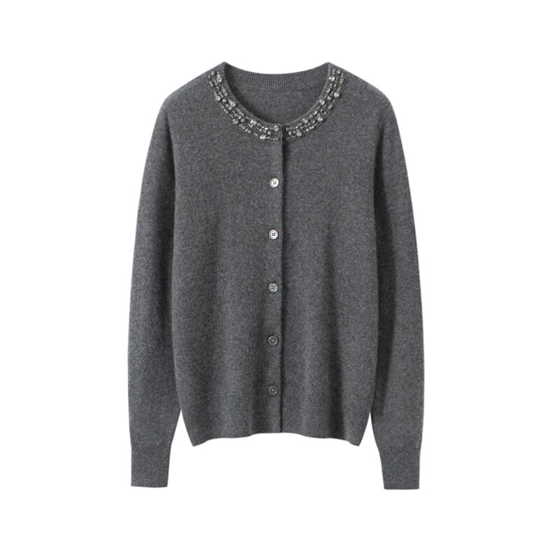 秋季新款纯色针织圆领带钻开衫时尚百搭，女装羊绒衫，臻维羊绒