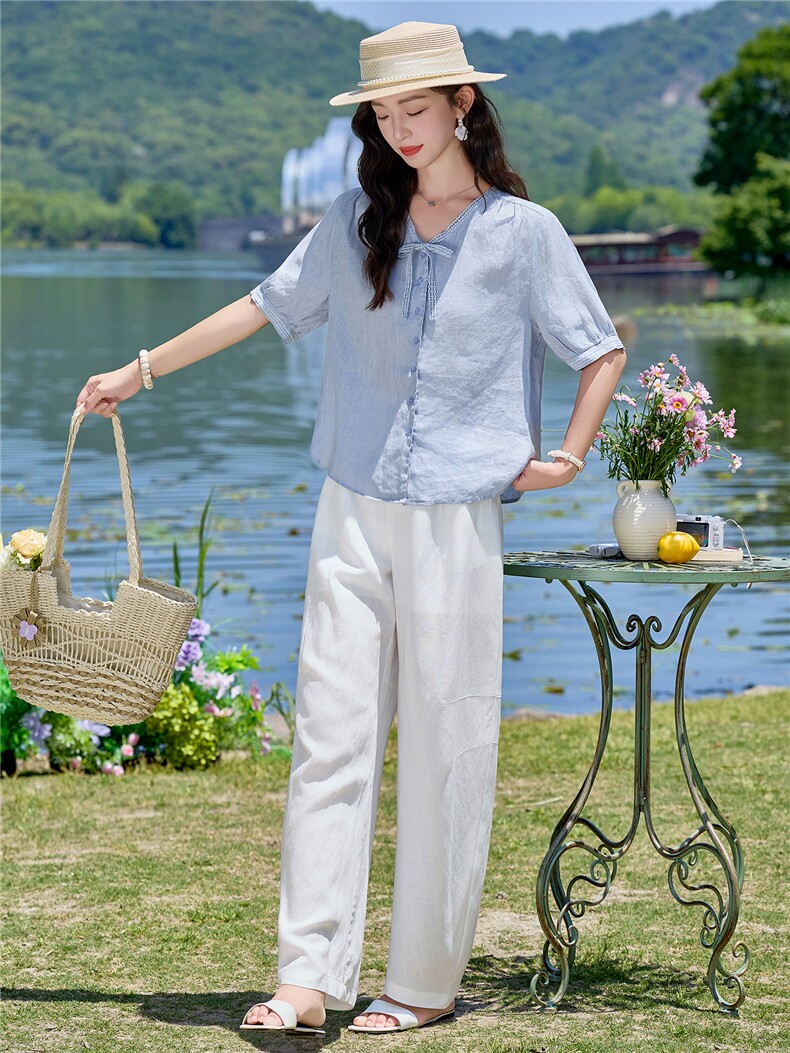 亚麻套装女2026夏季新款套装女蕾丝领带宽松上衣气质透气休闲裤,女装套装/套裙,梦懿尔