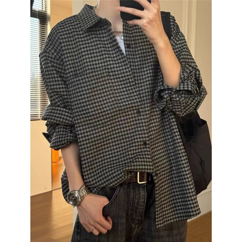 美式复古格纹通勤长袖衬衫男百搭宽松复古慵懒衬衣潮流CS388，男装衬衫，星座208-5