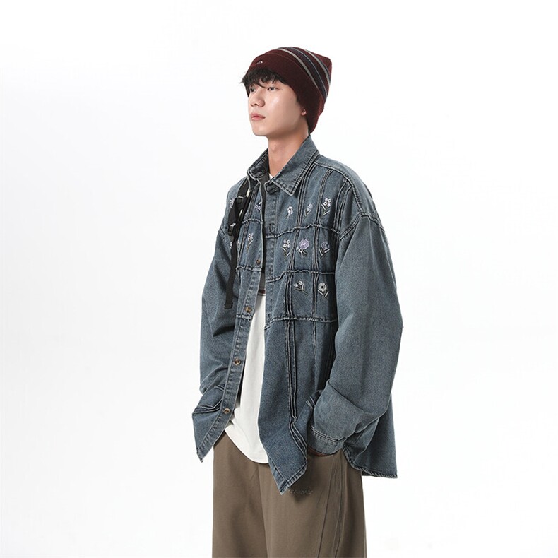 小花刺绣牛仔衬衫男2025新款宽松bf风日系复古开衫上衣JK1147-P78,男装夹克,星座1103-3