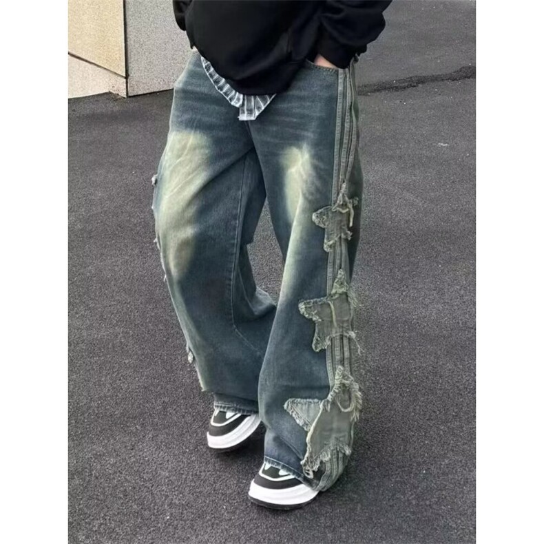 美式高街星星贴布三条杠牛仔裤男女hiphop炸街痞帅小众宽松阔腿裤图片