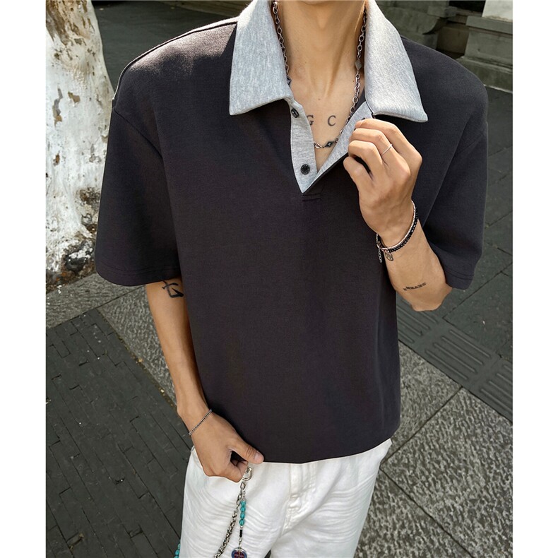 主推拼色翻领重磅POLO衫短袖T恤宽松短宽上衣男H1099特P33,男装Polo衫,电商A341