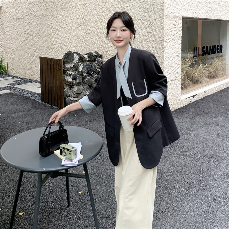 通勤拼接假两件短款西服上衣女春秋超火好看高级小众职业西装外套,女装西装,韩蜜菓