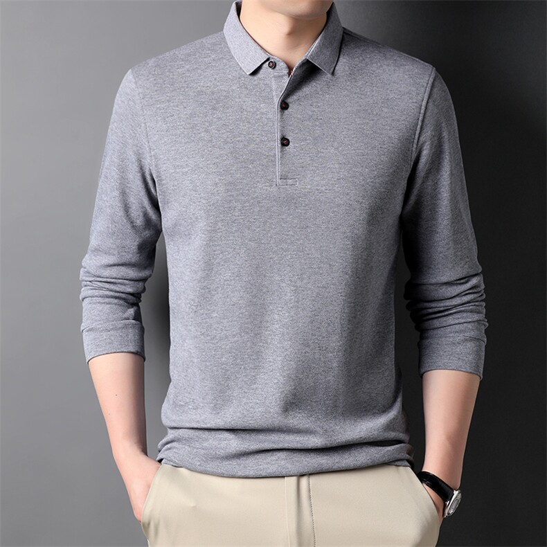 长袖翻领纯色t恤男士秋季新款中年宽松免烫上衣男休闲纯棉POLO衫图片