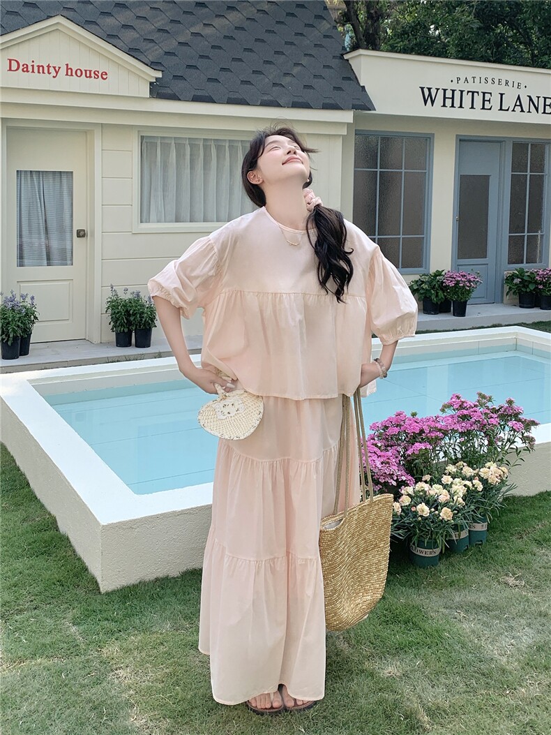 法式小资泡泡袖粉色连衣裙配上衣套装女夏超火好看绝美长裙两件套,女装套装/套裙,浙宝A馆126