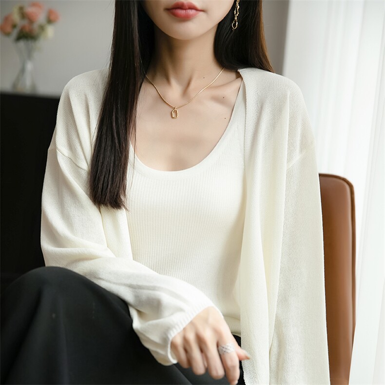法式V领冰丝针织开衫女长袖防晒衣2025夏薄披肩上衣薄款外穿小衫,针织衫/毛衣,佳绒包芯纱店
