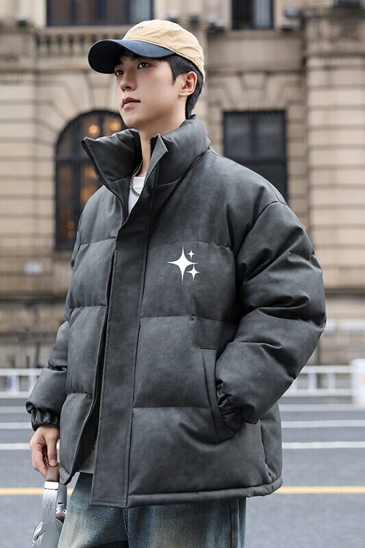 港风冬季新款棉衣男印花宽松PU皮立领面包服大码外套男MY625-P128,男装棉衣,星座505-3