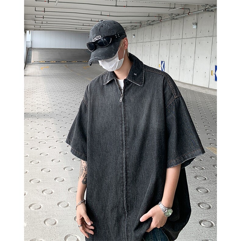 F305-P58夏季新款潮牌拉链短袖衬衫渐变水洗做旧牛仔衬衣男现货,男装衬衫,星座512-6