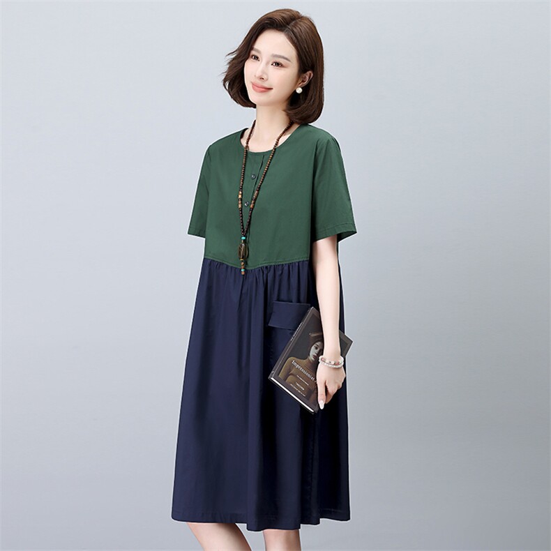夏季拼接全棉连衣裙女2024新款夏装中年妈妈宽松休闲中长裙子,女装连衣裙,依恋蒂丝