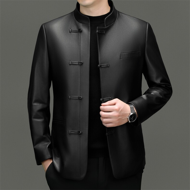 海宁真皮皮衣2025年春秋季新款中老年男士纯色盘扣绵羊皮夹克外套，男装夹克，电商B360A（原721A）