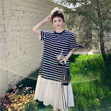 韩系宽松假两件条纹连衣裙女2025夏季新款休闲百搭短袖圆领T恤裙，女装连衣裙，2C225