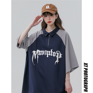 中性风23新款夏季时尚百搭宽松翻领半拉链短袖T恤DT467P45控68图片