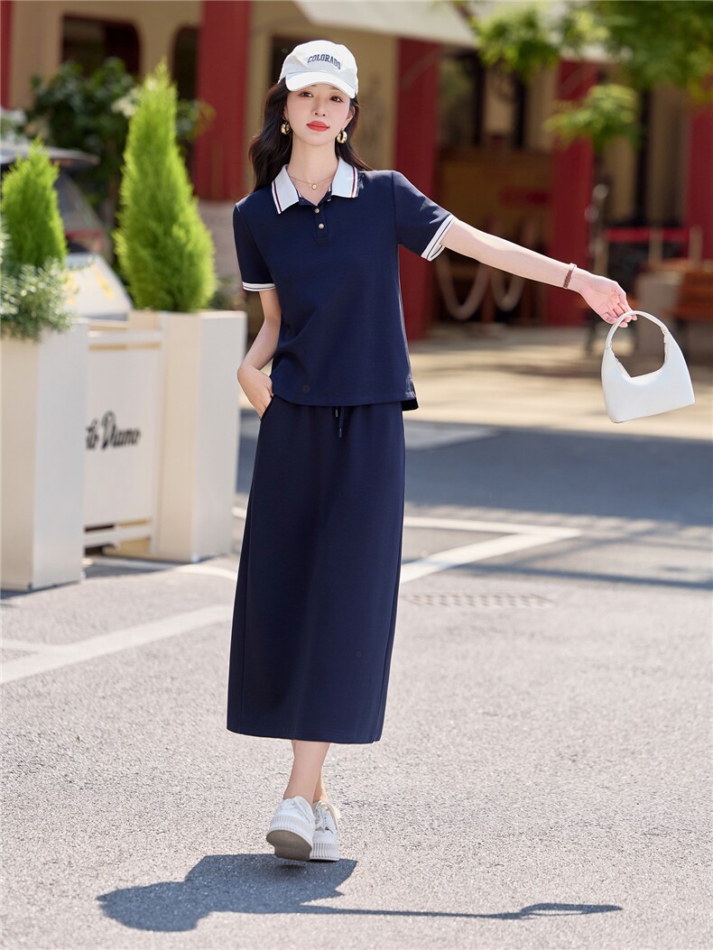 学院风翻领短袖A字半裙套装女2026夏季新款藏青色休闲质感两件套,女装套装/套裙,米莱