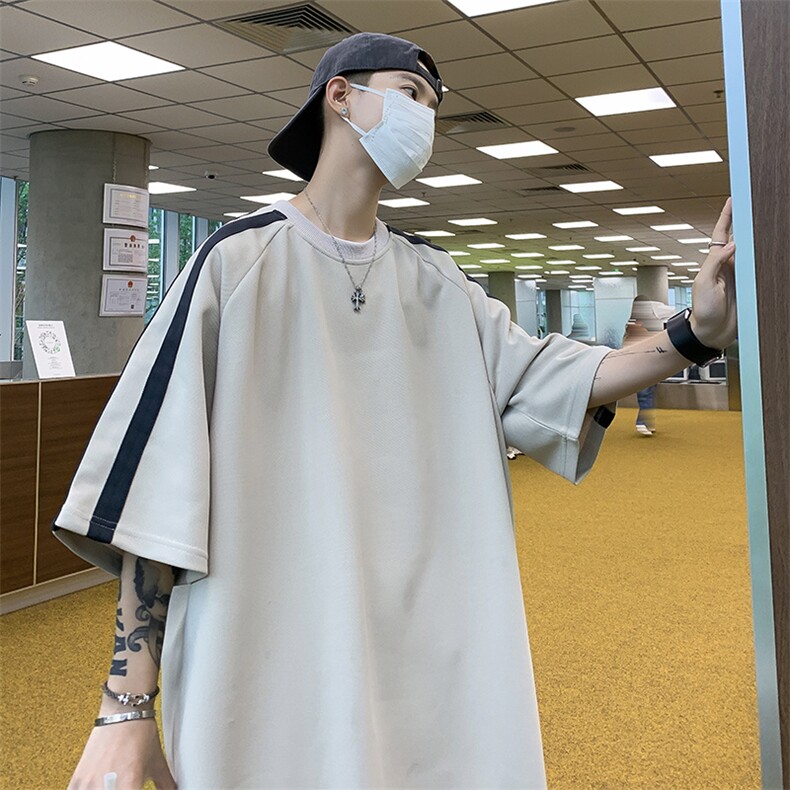 重磅条纹五分袖男款夏季ins美式潮牌短袖t恤宽松休闲百搭情侣上衣,男装T恤,星座410-7