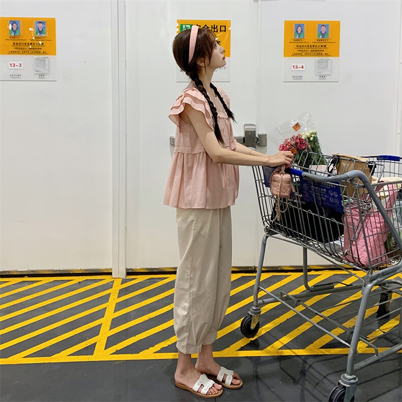 今年流行两件套女2025年夏季新款粉色飞飞袖小衫束脚裤小个子套装,女装套装/套裙,2C037