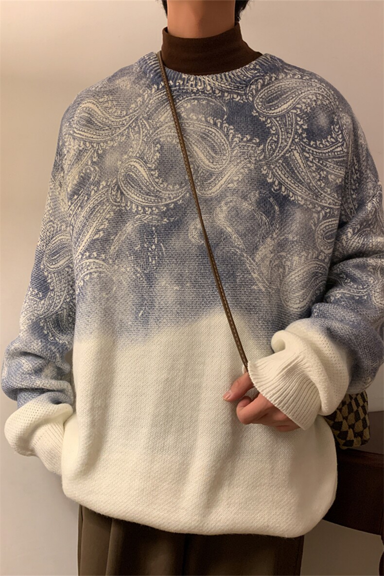 M3117/P70冬季毛衣男圆领套头针织衫腰果花扎染大码上衣毛衣,男装针织衫/毛衣,电商A141