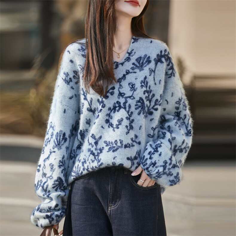 2025年秋季针织常规款青花瓷时尚百搭休闲通勤，女装羊毛衫，昭美羊绒