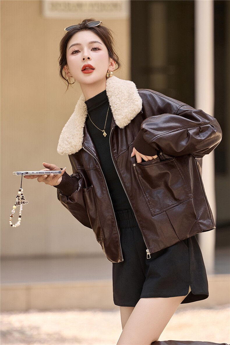时尚羊羔毛翻领加绒皮衣女2025秋冬季加厚保暖小个子PU皮夹克外套,女装皮衣,梦依缘