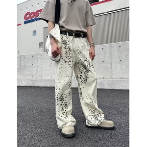 豹纹直筒牛仔裤男hiphop潮牌拖地阔腿裤cleanfit休闲裤A6088-p53图片