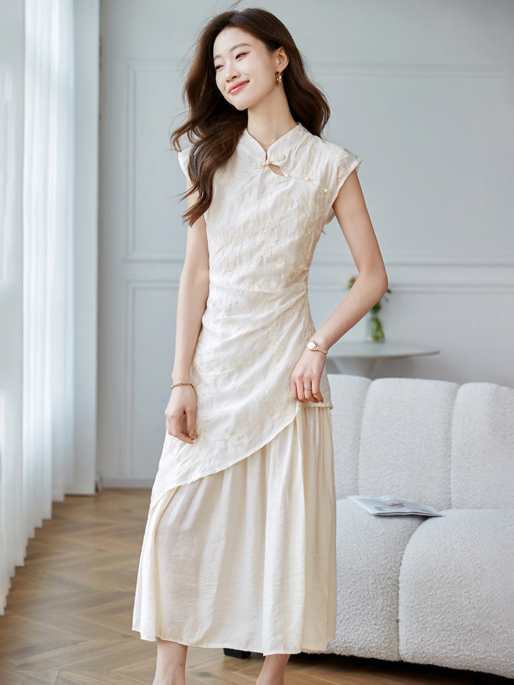 时尚优雅连衣裙女2026年夏季新款新中式盘扣裙子白色裙子,女装连衣裙,时尚风爆