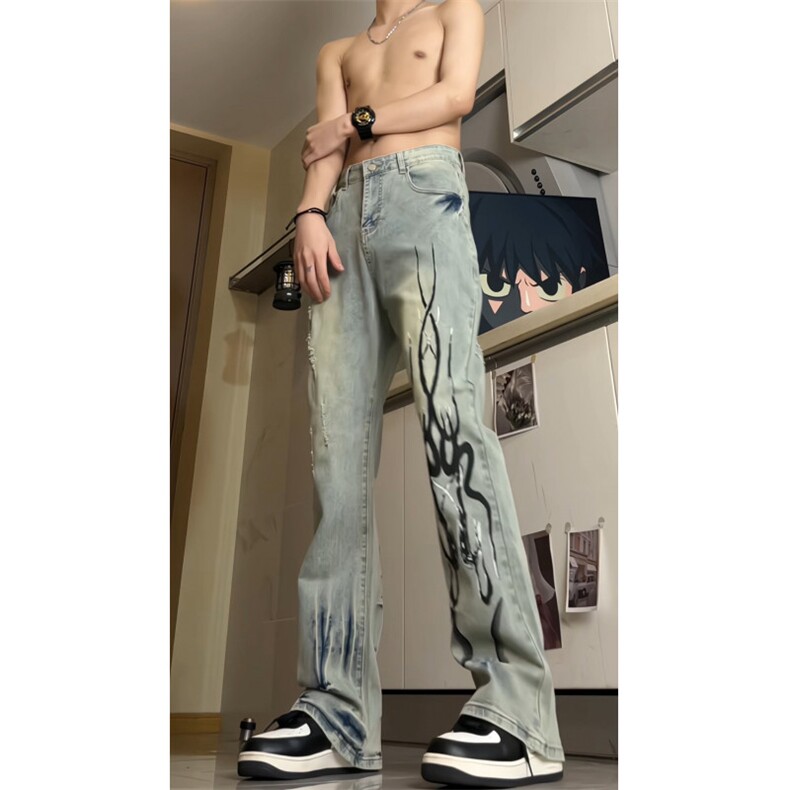 手绘涂鸦复古泥染做旧破洞直筒裤美式废土街头潮牛仔裤GJ396 P50图片