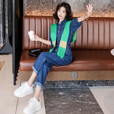 配披肩牛仔连体女2022年春季新款韩版时尚工装宽松收腰休闲连衣裤，女装连体裤，辉之琳