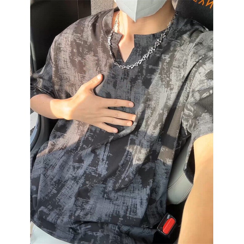 2025夏季冰丝速干短袖美式扎染V领休闲半袖上衣*CK2524*P35控68,男装T恤,星座511-1