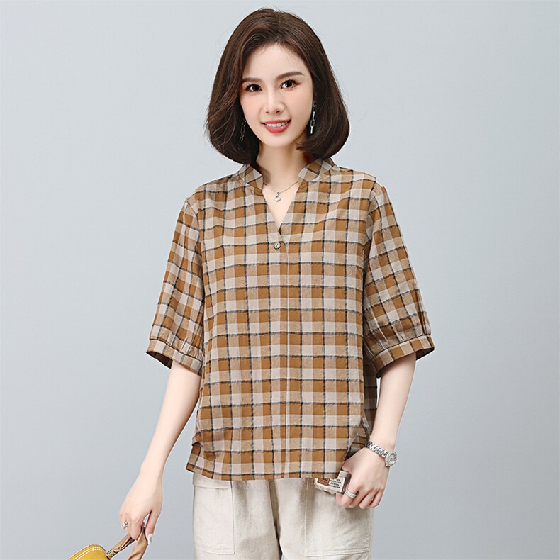 2025年夏装新款潮格子衬衫宽松显瘦韩版气质百搭衬衣女减龄,女装衬衫,独衣靓