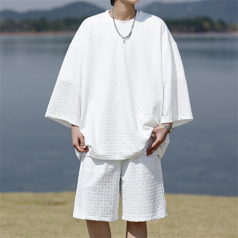 8XL-M高级感纹理短袖套装男夏季慵懒风T恤短裤两件套TZ108P78,男装T恤,电商D206-1