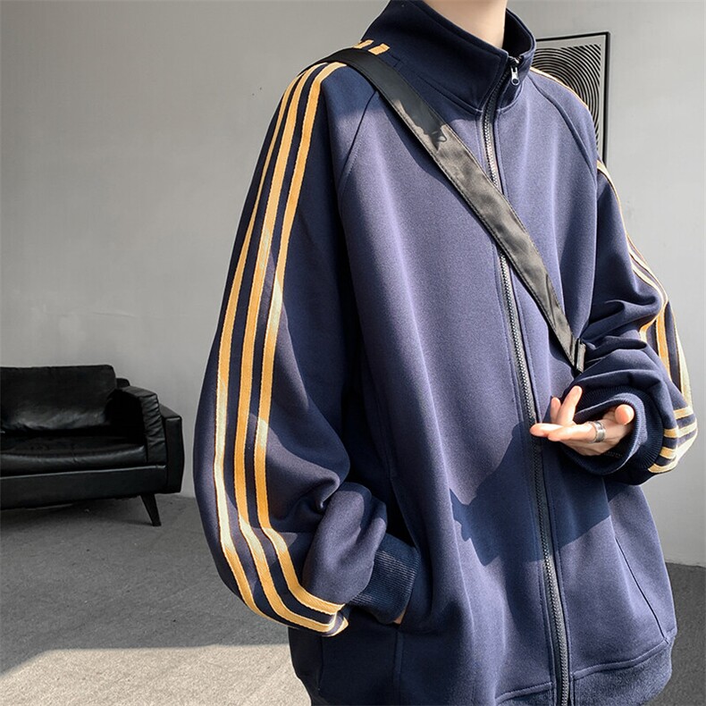 8XL-M三条杠运动卫衣特大码美式条纹立领夹克开衫外套JK5205/P65,男装夹克,电商B238