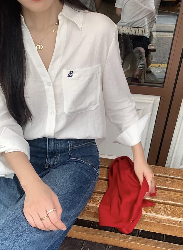 秋季气质设计感翻折V领重工刺绣长袖衬衫,女装衬衫,湘姗