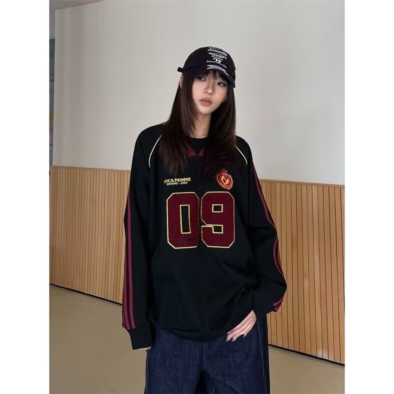 美式复古男女V领球衣长袖t恤秋季新款修身显瘦速干运动上衣，男装T恤，星座1210-1