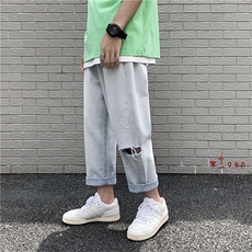 夏季薄款九分牛仔裤男生直筒宽松破洞韩版潮流休闲裤子CN305，男装牛仔裤，星座1008
