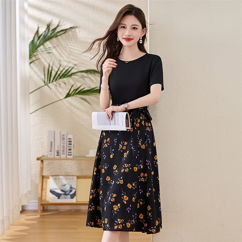 高级感印花拼接连衣裙女2025夏季新款收腰显瘦气质女神范减龄裙子,女装连衣裙,魅家