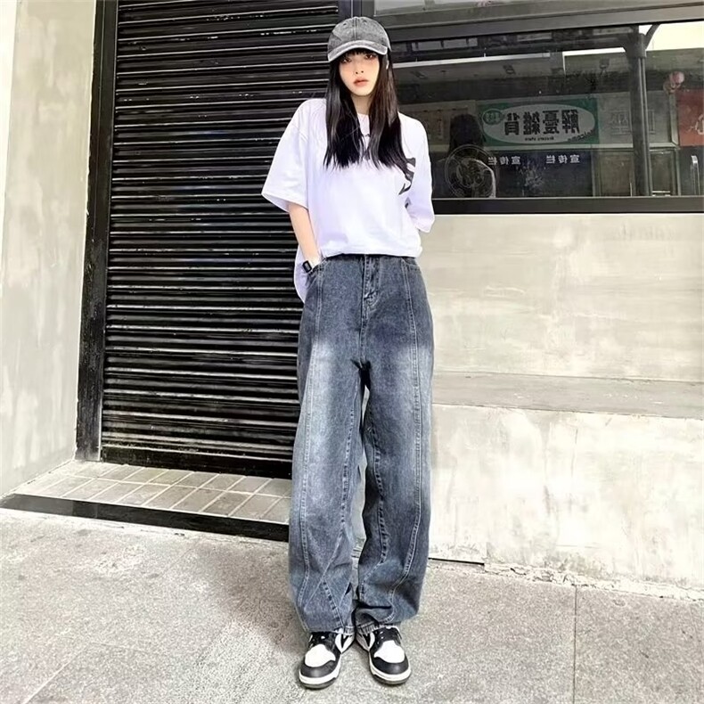 美式复古做旧牛仔裤男女春秋高街潮牌直筒宽松休闲裤子阔腿老爹裤,男装牛仔裤,星座506A